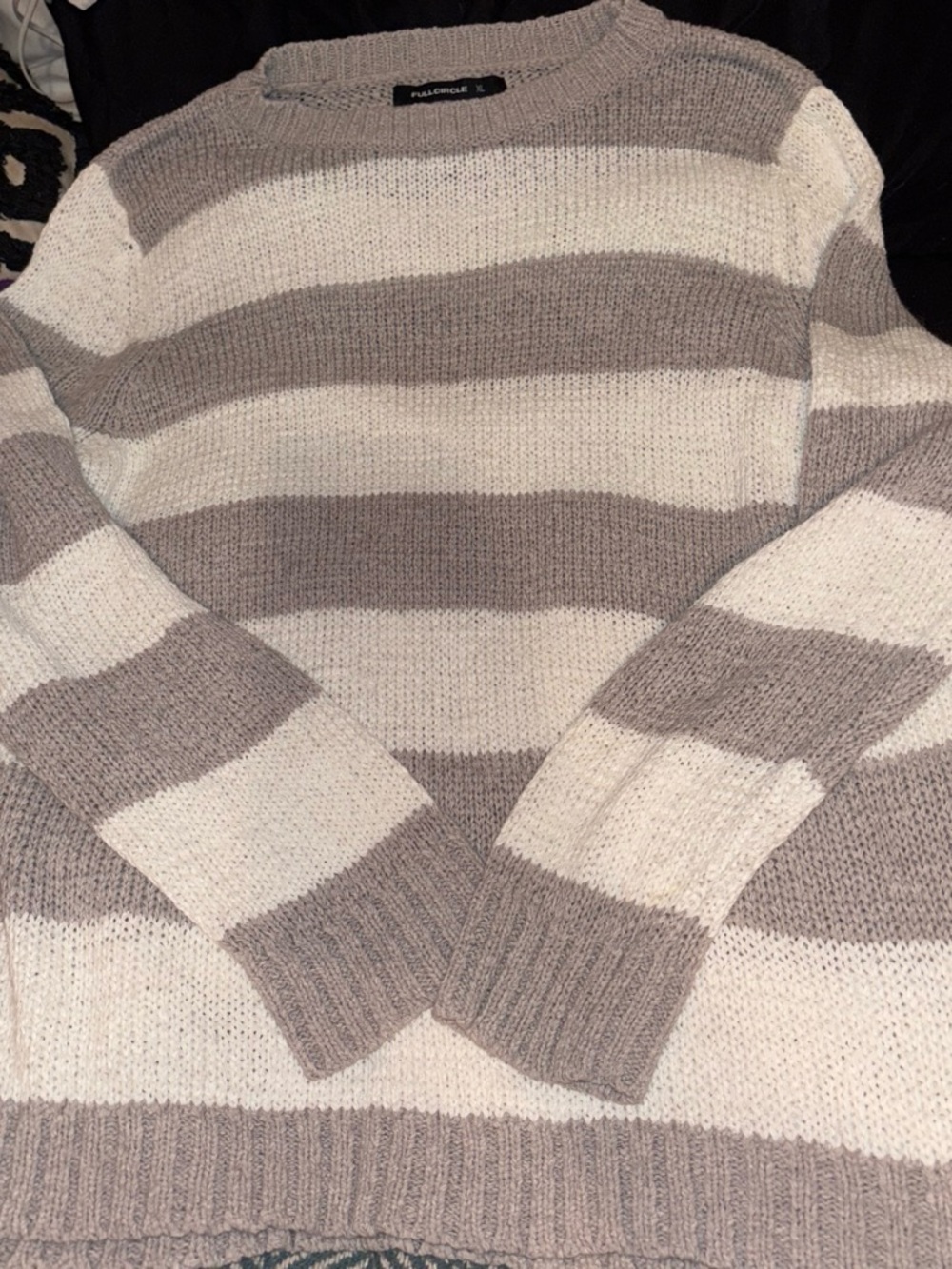 Pullover Crewneck Striped Sweater in Taupe and Cream
